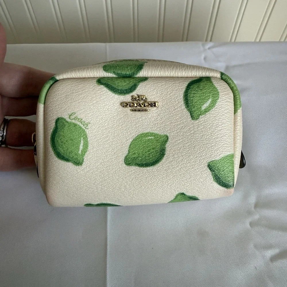 Coach Mini Coated Canvas Zip Around Coin Makeup Cosmetic Pouch Bag Lime Green